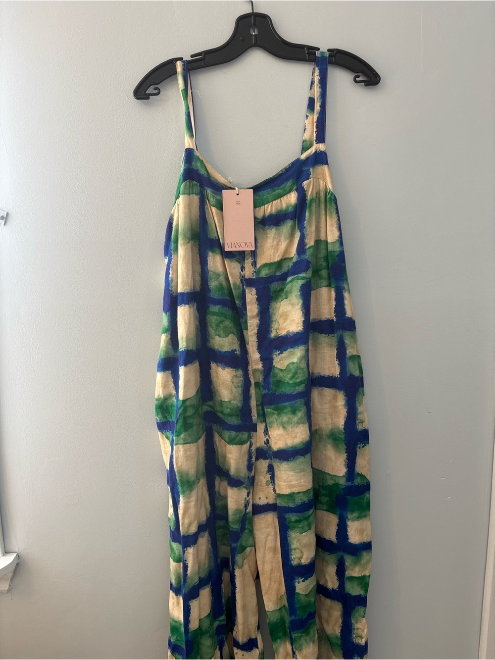 Vianova linen blend Wide Leg Jumpsuit - Blue, Green & Cream Print